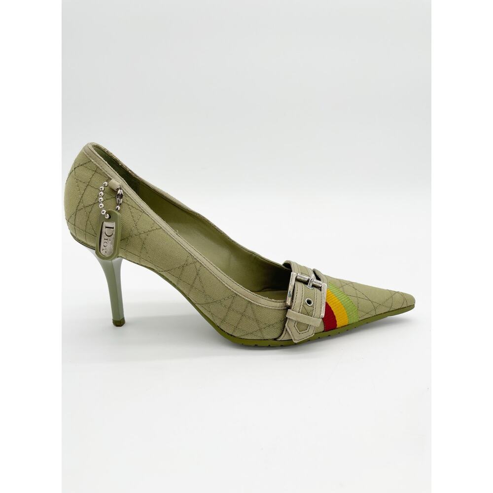 Christian Dior Vintage Green Cannage Rasta Pointed Toe Buckle Pumps Heels EU 37 - Picture 3 of 14